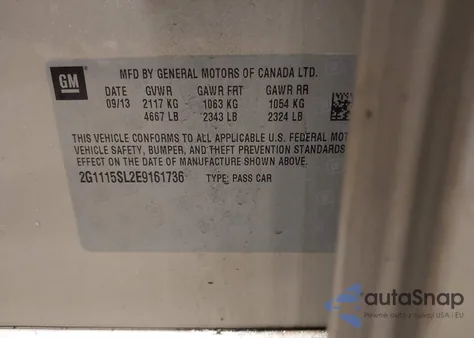 2014 Chevrolet Impala 1Lt из США, поврежденный, VIN 2G1115SL2E9161736